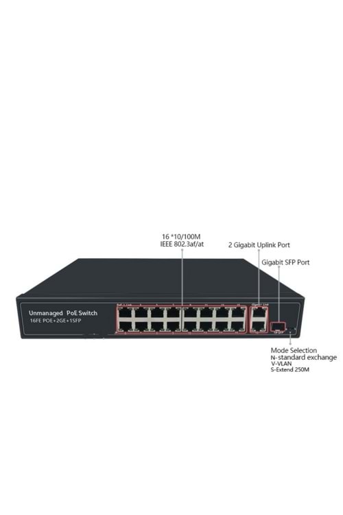 PS19M-1621EES-200 16 PORT 10/100M POE SWİTCH 2 UPLİNK GİGABİT ETHERNET PORT 1 UPLİNK GİGABİT SFP PORT 200W
